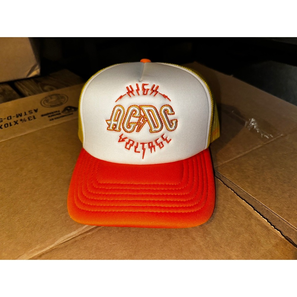 AC/DC High Voltage Trucker Hat Orange Yellow White Mesh Snapback Baseball Cap